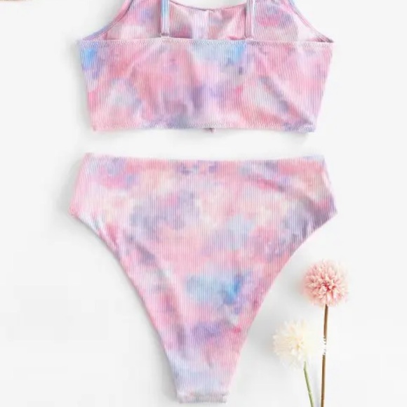 ZAFUL Ribbed Tie Dye Knotted High Waisted Tankini Light Pink L NEVER WORN - Picture 3 of 7